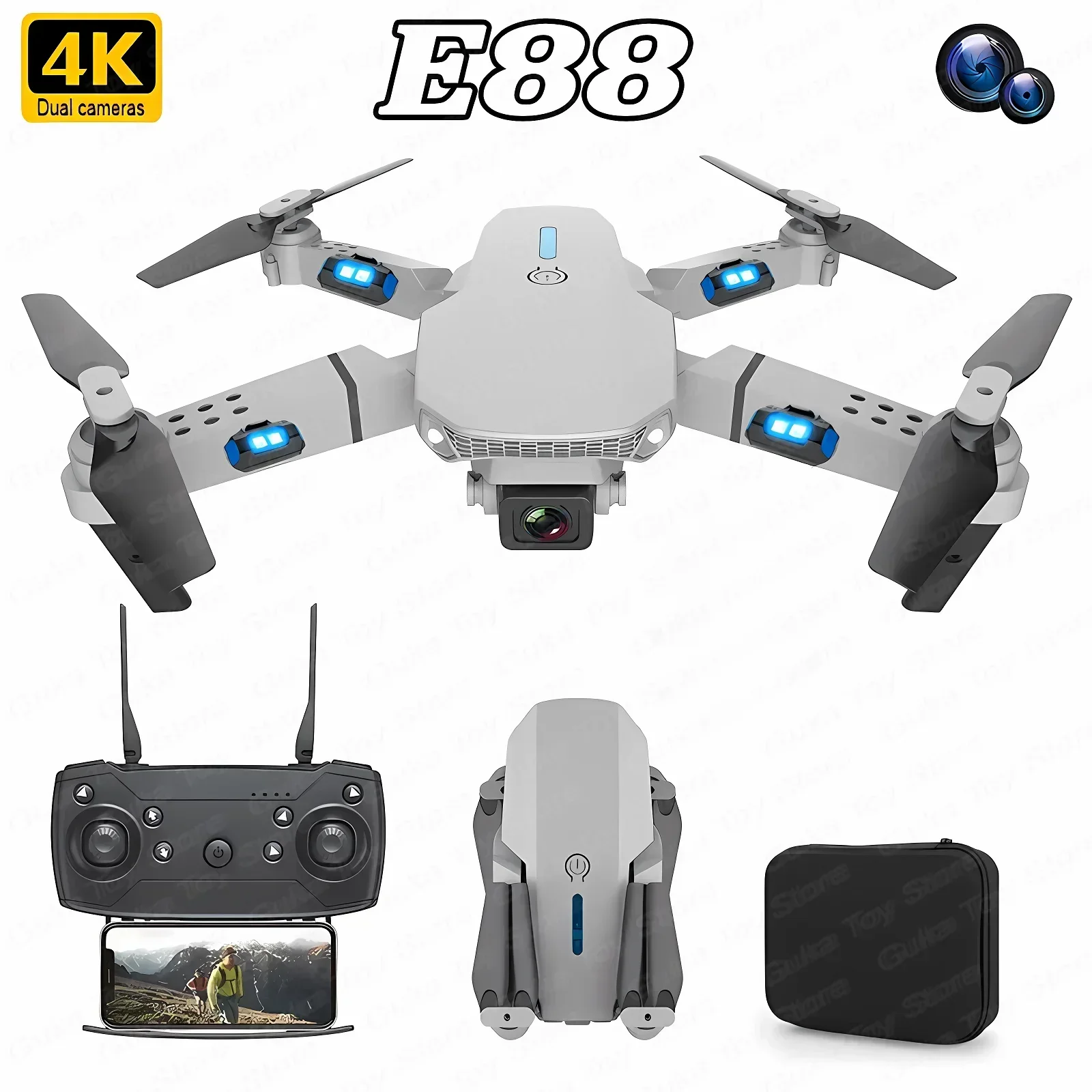 Drone Rc Plegable - 折りたたみ式クワッドコプター,e88プロ広角fpv,wifi,hd,4k,1080p,カメラ,高さ保持,rc,ヘリコプターのおもちゃ,男の子へのクリスマスプレゼント