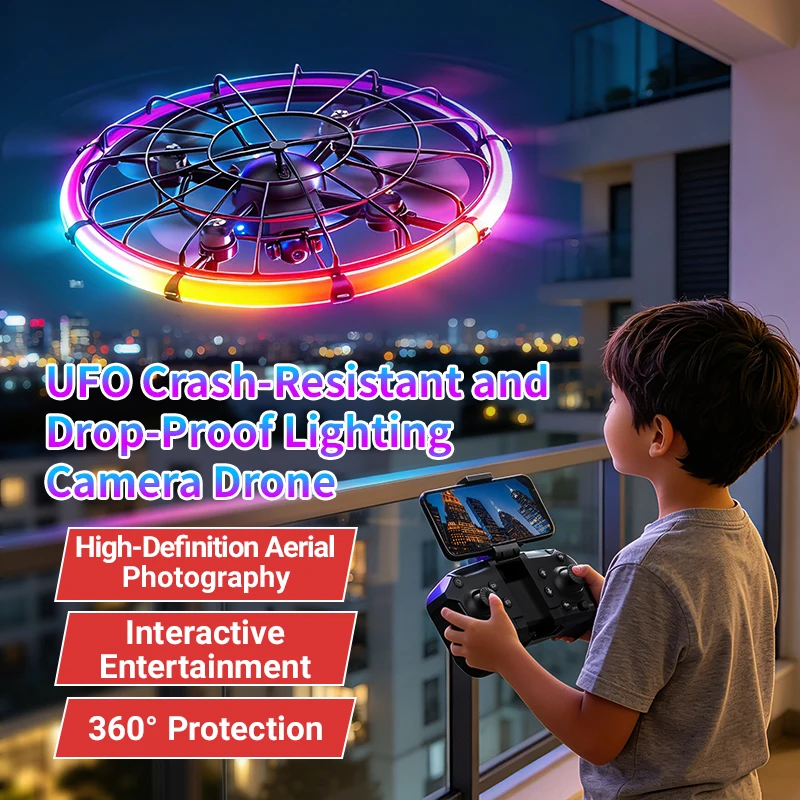 Drone Rc Plegable - JJRC H145 UFO RCドローン、デュアルHDレンズ、RGBフローライト、フルボディプロテクション、空撮クアッドコプター玩具